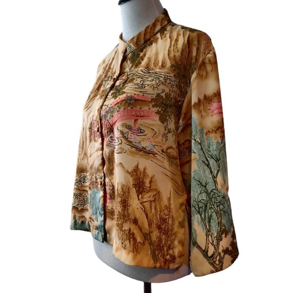 Natori Womens Tan Asian Printed Mandarin Collar Kimono Sleeves Boxy Short Top M - Picture 2 of 12
